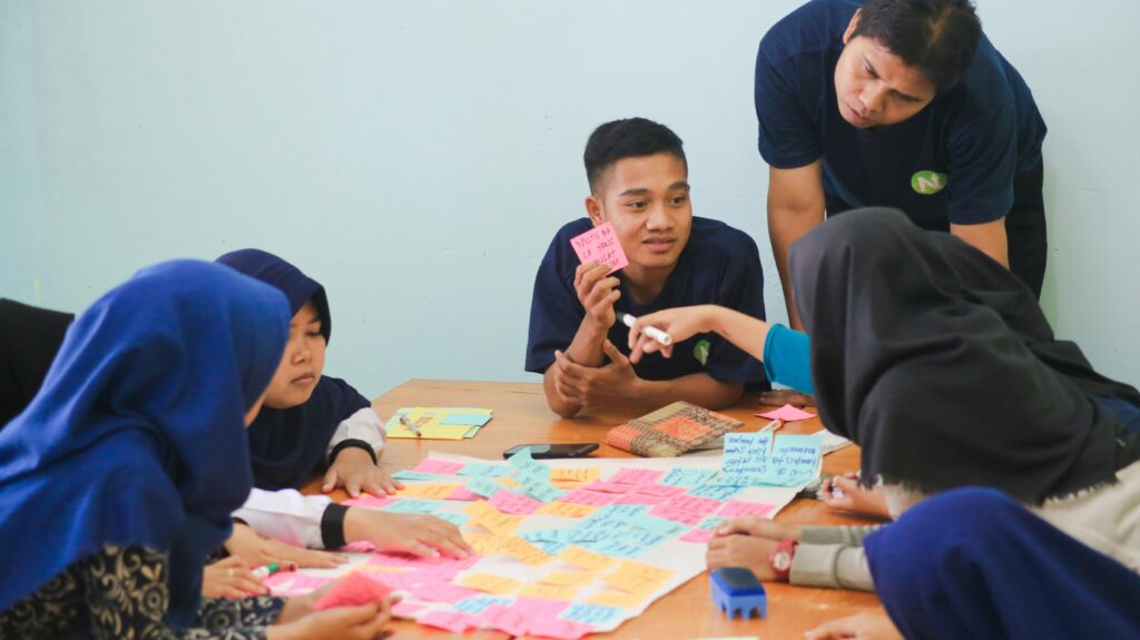 Students sitting around a table working on a poster full of multicolour sticky notes.